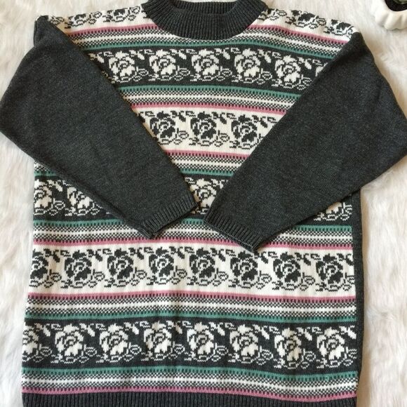 Dana Scott Vintage Gray Rose Fair Isle Long Sleeve Mock Neck Pullover Sweater M - Picture 3 of 7